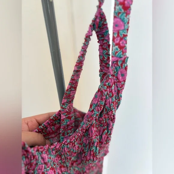 Free People Intimately Juniper Floral Mini Dress Smocked Bodycon Pink Sz Small - Picture 9 of 14